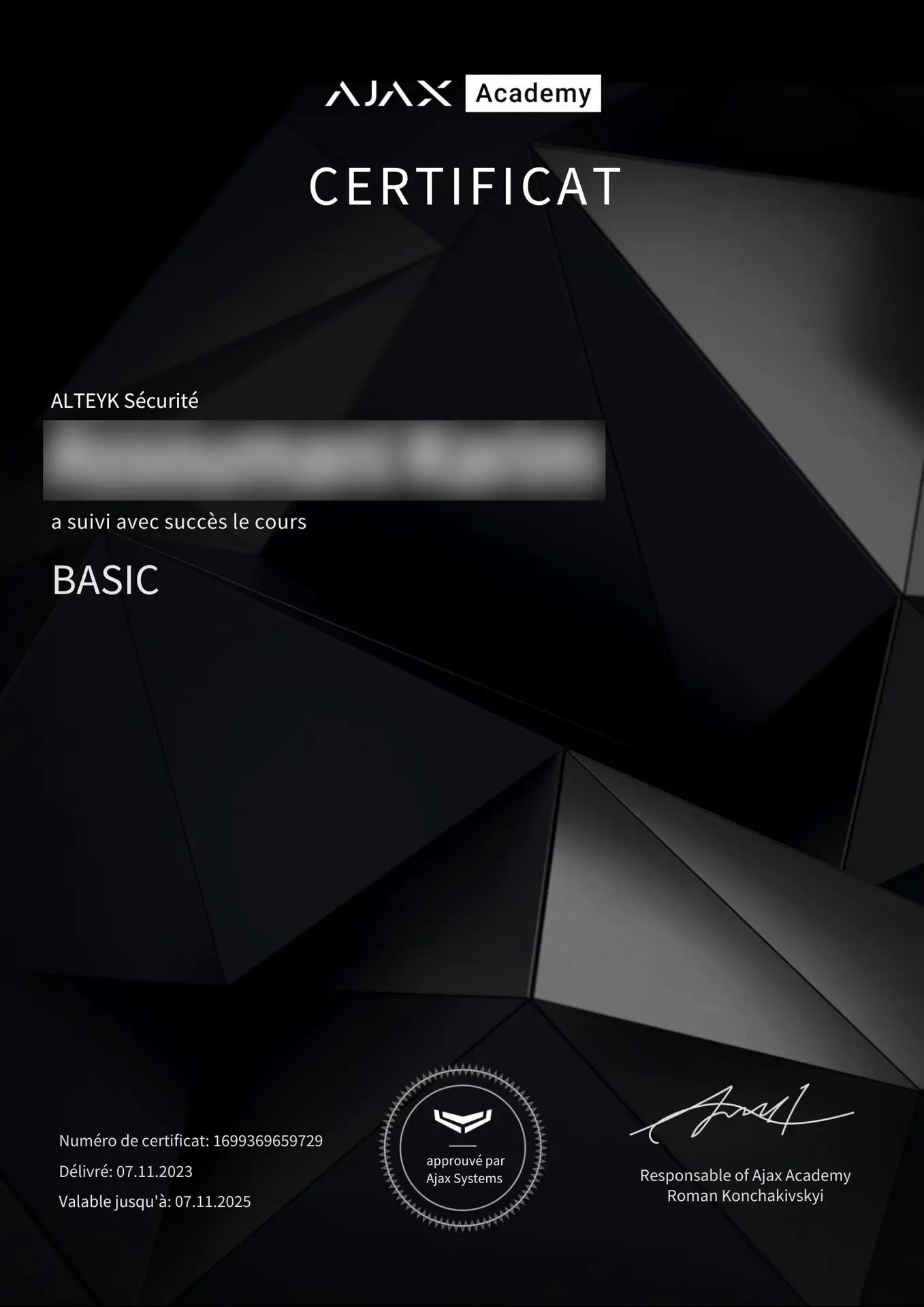 Ajax Basic certificate (fr). ALTEYK SECURITE