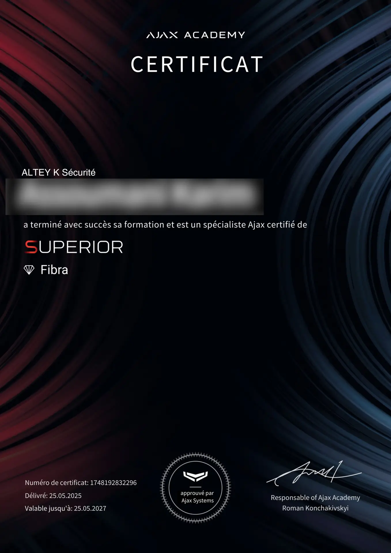 Ajax Superior Fibra Installer certificate (fr). ALTEYK SECURITE