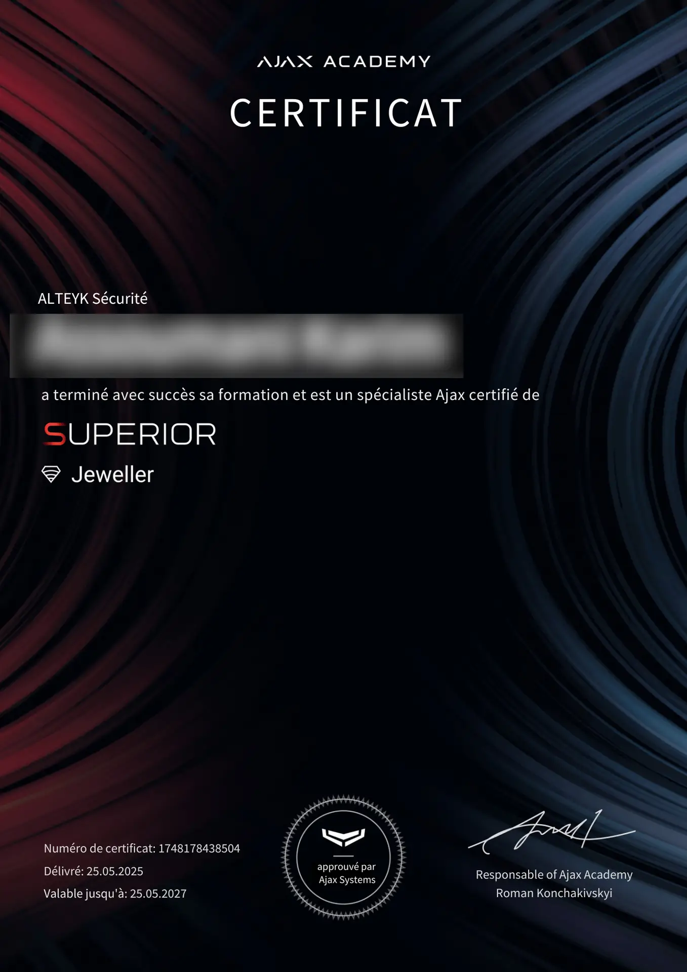 Ajax Superior Jeweller Installer certificate (fr). ALTEYK SECURITE