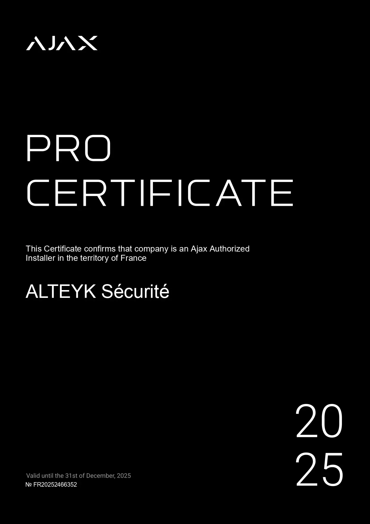 Co-branded_Ajax Authorized Certificate 2025 - ALTEYK SECURITE