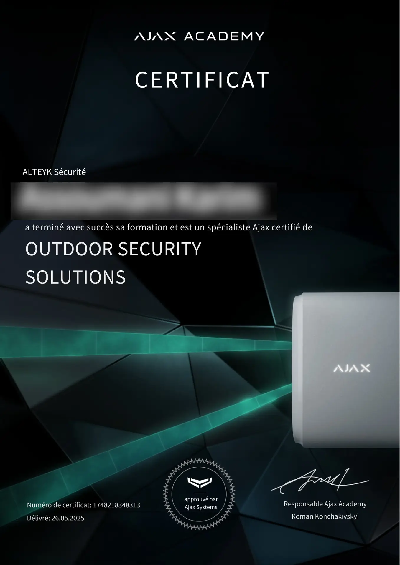 Outdoor security solutions certificate (fr). ALTEYK SECURITE
