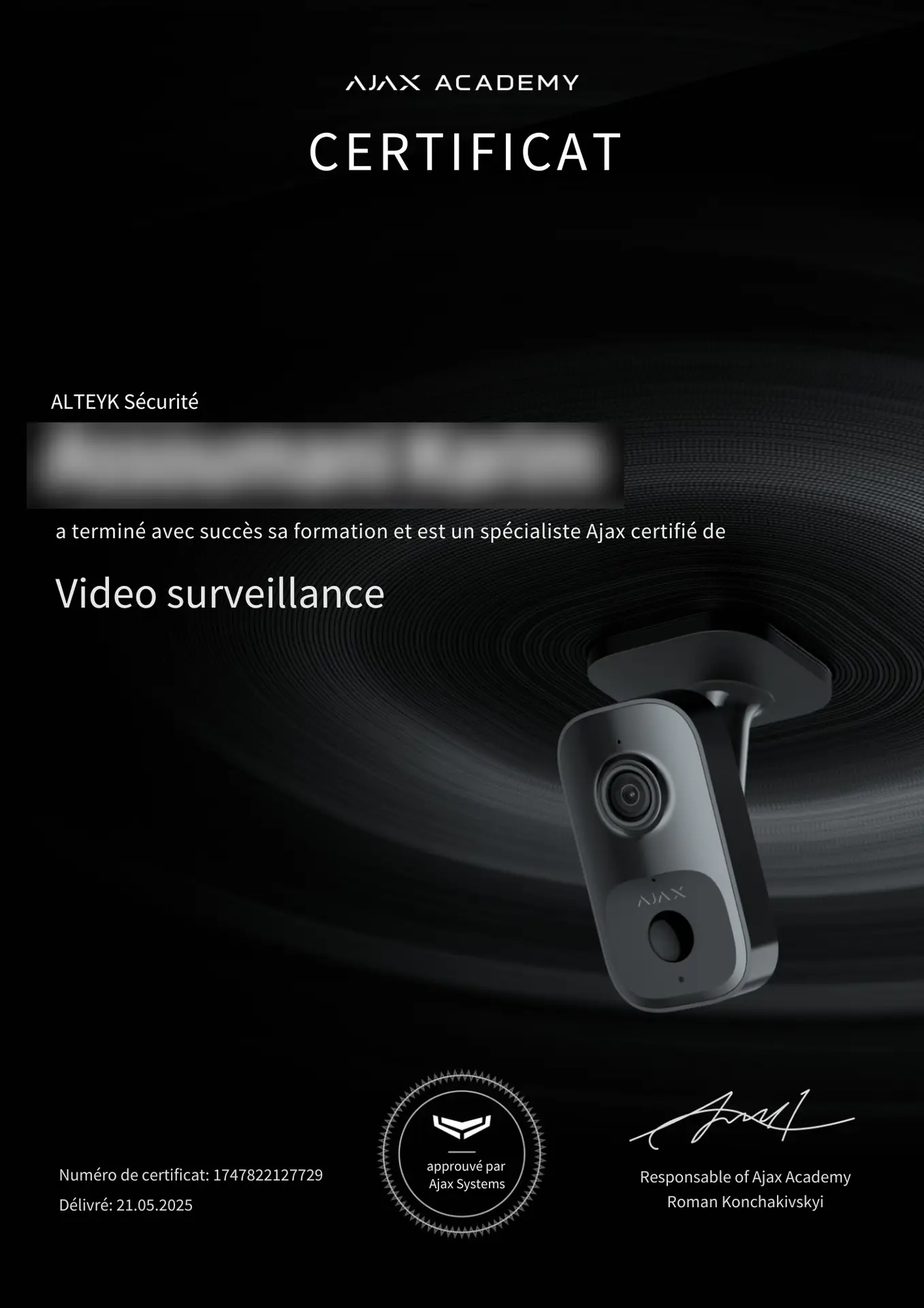 Video surveillance certificate (fr). ALTEYK SECURITE